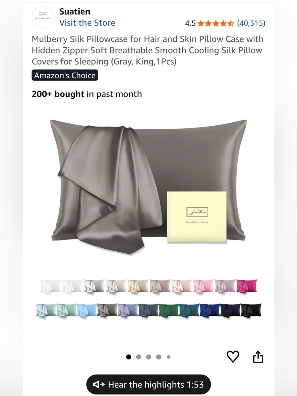 Suatien Mulberry Silk Pillowcase king size in gray New